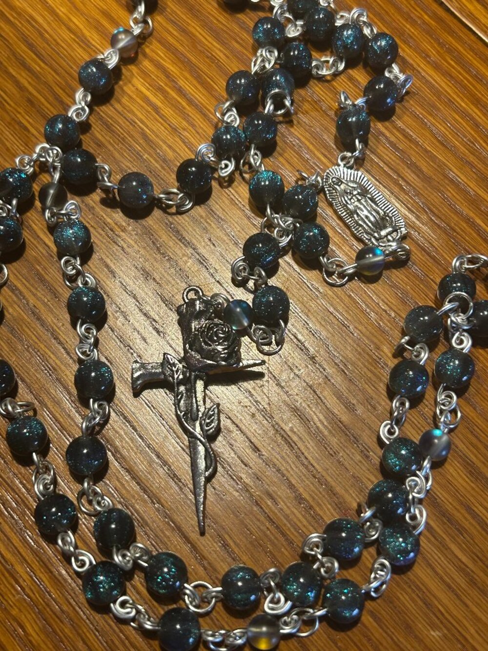 Handmade Rosary with Blue Shimmer Beads
